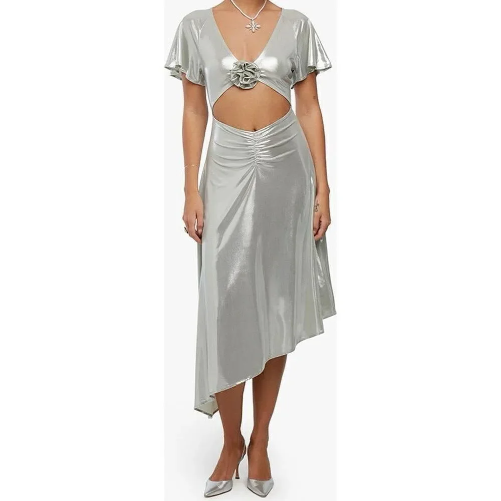 NWOT WeWoreWhat Metallic Silver Asymmetric Cutout Midi Dress Women's Small